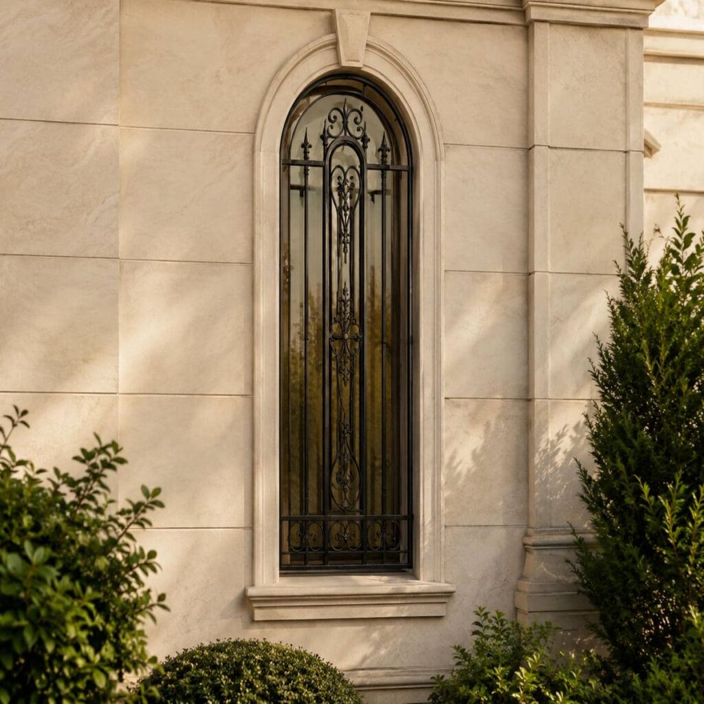 اجرای حفاظ پنجره فرفورژه گل نرده پیچکی برای نما در کرمان