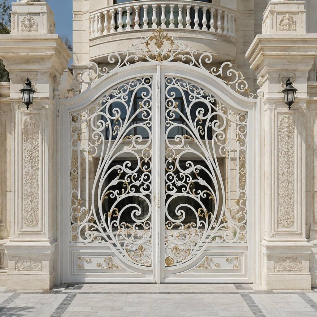 اجرای درب حیاط سفید طلایی کلاسیک در کرمان