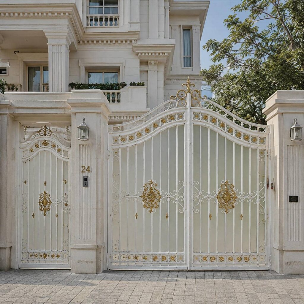 سفارش درب حیاط سفید طلایی مینیمال در کرمان