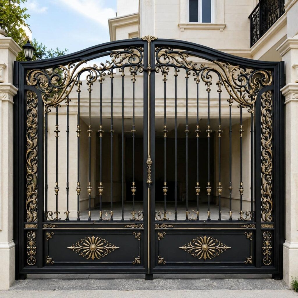 خرید درب پارکینگ فرفورژه نمای رومی با بررسی نمای ساختمان در کرمان