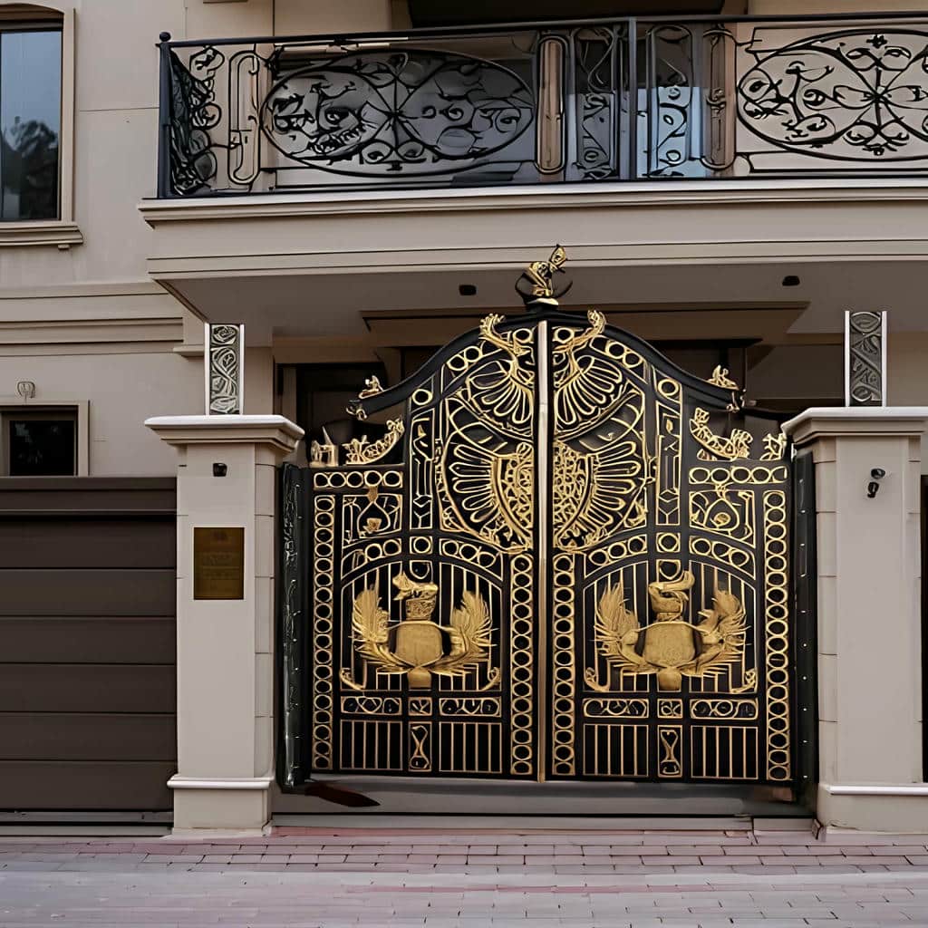 درب پارکینگ فرفورژه نمای رومی تاج‌دار هماهنگ با ستون‌ها در کرمان